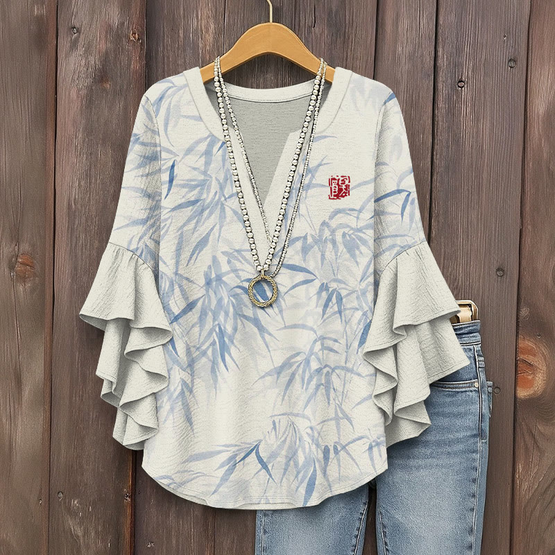 Vintage Zen Bamboo Leaves Art Pattern Print V-neck Half Sleeve Blouse - Light Blue - 5XL - image 2