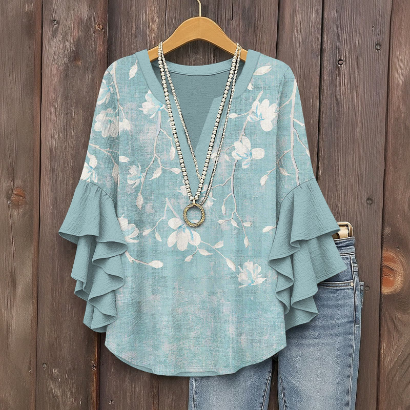 Vintage Zen Magnolia Art Pattern Print V-neck Half Sleeve Blouse - Light Blue - 5XL - image 2