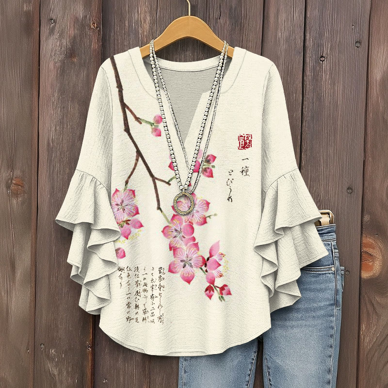 Japanese Vintage Cherry Blossoms Art Pattern Print V-neck Half Sleeve Blouse - Apricot - 5XL - image 1