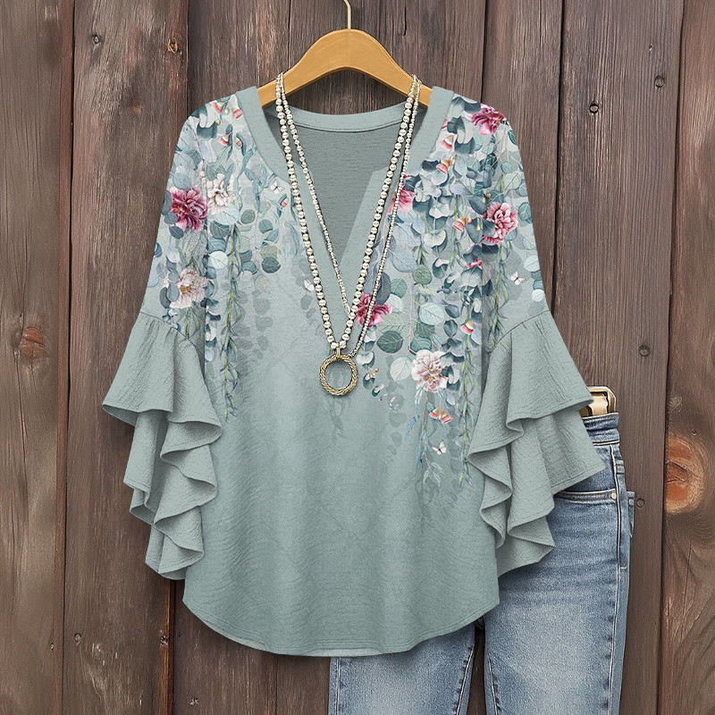 Vintage Elegant Vine Flowers Art Pattern Print V-neck Half Sleeve Blouse - Light Green - 5XL - image 1