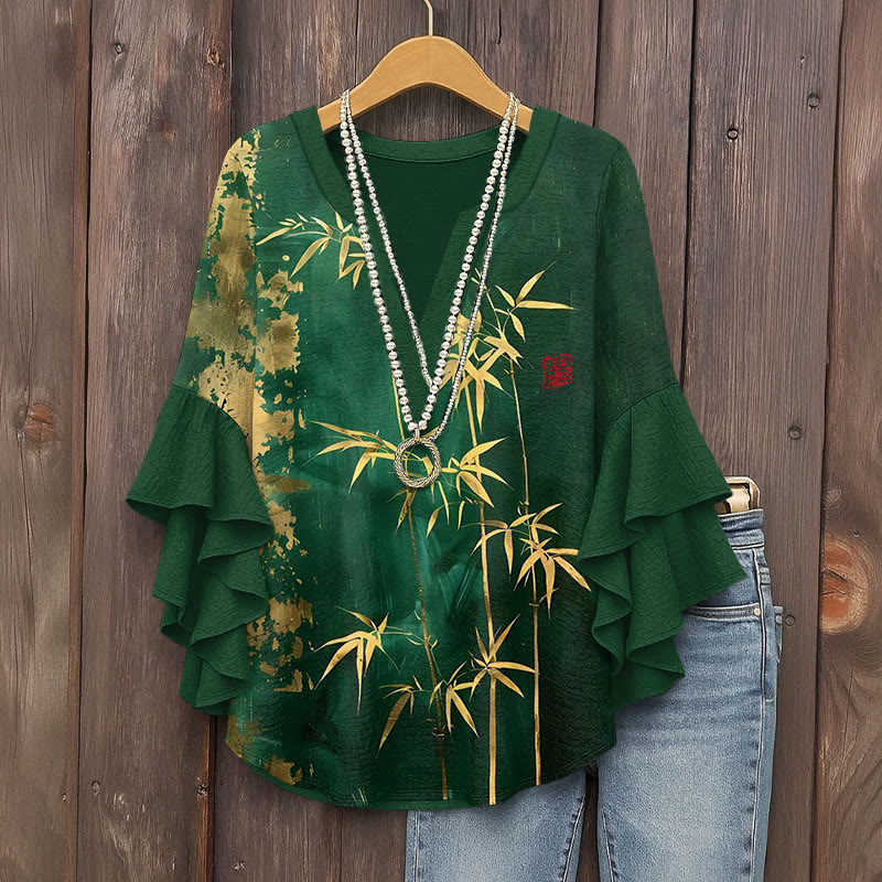 Vintage Golden Bamboo Art Pattern Print V-neck Half Sleeve Blouse - Green - 5XL - image 2