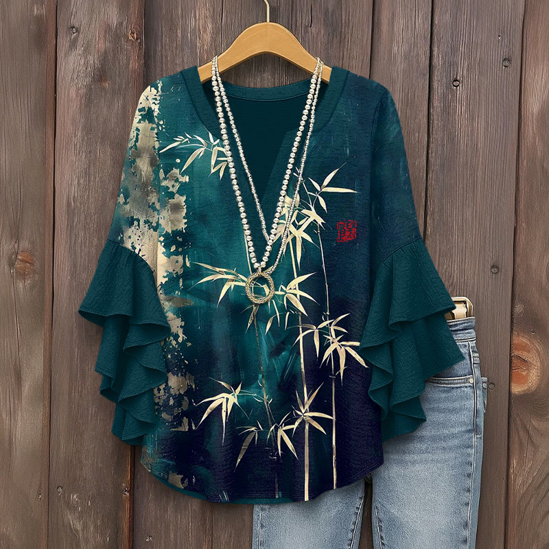 Vintage Golden Bamboo Art Pattern Print V-neck Half Sleeve Blouse - Blue - 5XL - image 1