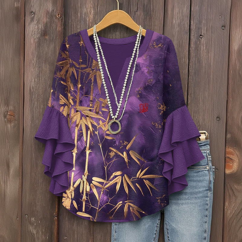 Vintage Classical Golden Bamboo Art Pattern Print V-neck Half Sleeve Blouse - Purple - 5XL - image 1