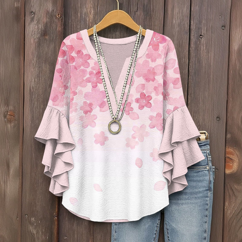 Japanese Vintage Dreamy Cherry Blossom Gradient Art Pattern Print V-neck Half Sleeve Blouse - White - 5XL - image 1