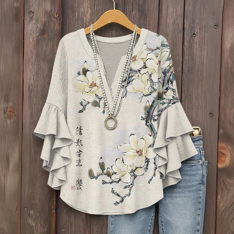 Vintage Classical Orchid Art Pattern Print V-neck Half Sleeve Blouse - Apricot - 5XL - image 1