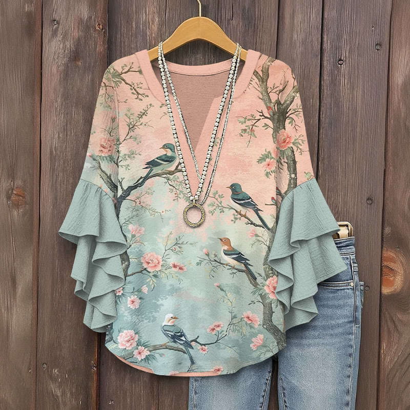Vintage Flower And Bird Gradient Art Pattern Print V-neck Half Sleeve Blouse - Pink - 5XL - image 1