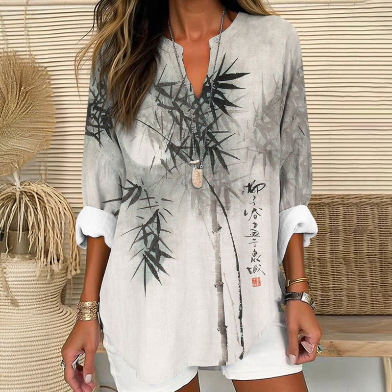 Vintage Ink Painting Of Bamboo Forest Art Pattern Print V Neck Long Sleeve Blouse - Grey - 8XL - image 2