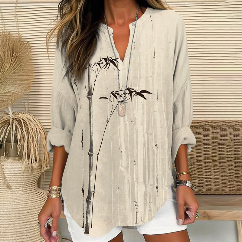 Simple Line Drawing Bamboo Art Print V Neck Long Sleeve Blouse - Apricot - 8XL - image 1