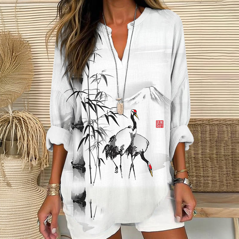 Ink Watercolor Bamboo & Cranes Art Print V Neck Long Sleeve Blouse - White - 8XL - image 1
