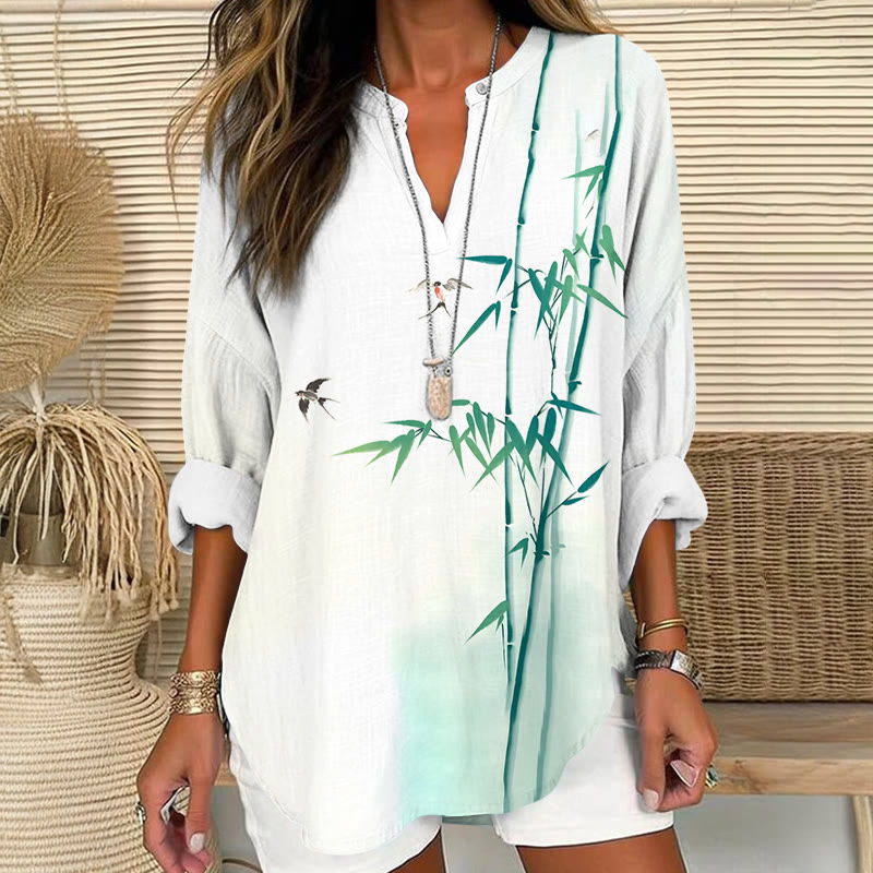Watercolor Bamboo & Swallow Art Print V Neck Long Sleeve Blouse - White - 8XL - image 1