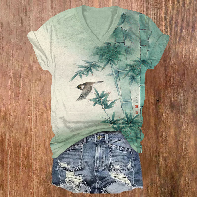 Retro-style Japanese Bird And Bamboo Print Short Sleeved V-neck T-shirt - Green - US32-34(5XL) - image 1