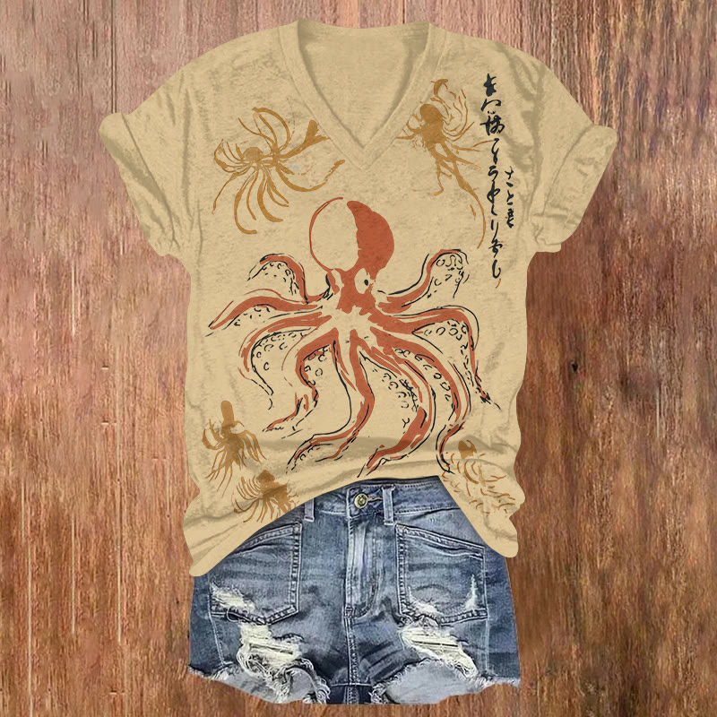Japanese Vintage Abstract Octopus Print Short Sleeved V-neck T-shirt - Apricot - US32-34(5XL) - image 1