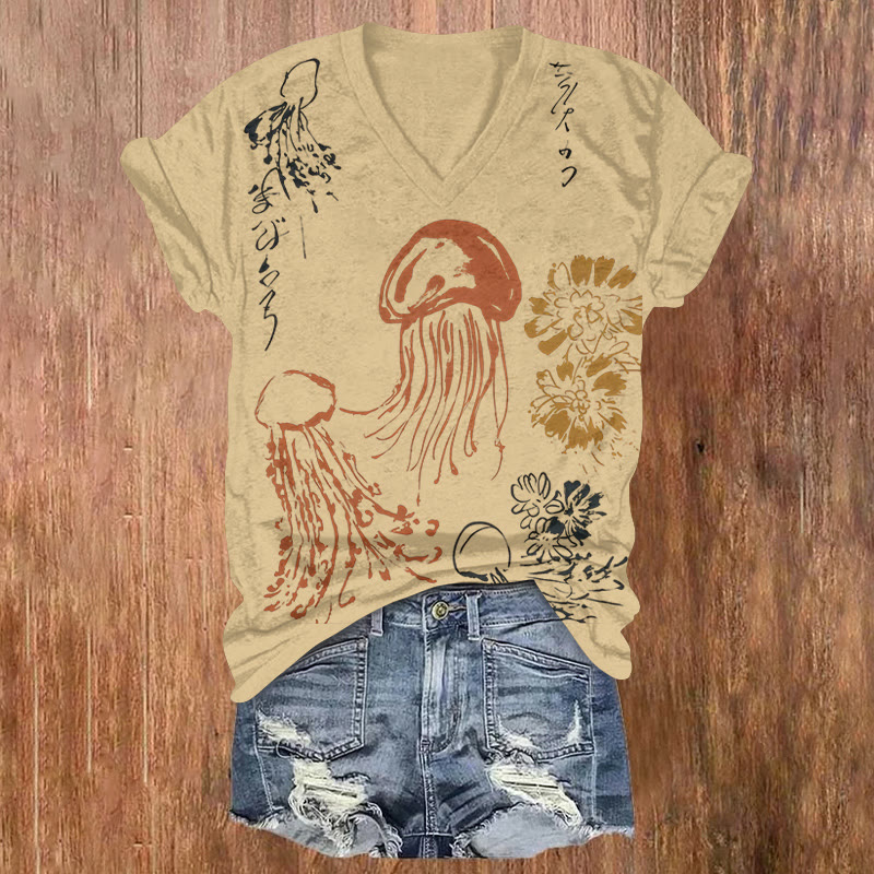 Japanese Simple Jellyfish Painting Print Short Sleeved V-neck T-shirt - Apricot - US32-34(5XL) - image 1