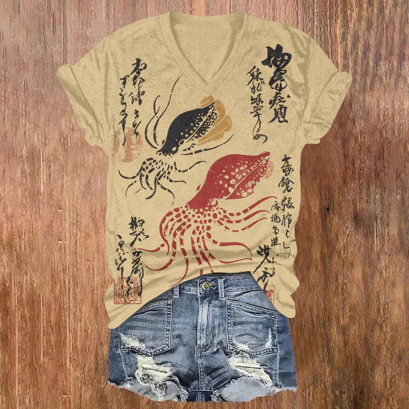 Japanese Style Squid Pattern Print Short Sleeved V-neck T-shirt - image 1