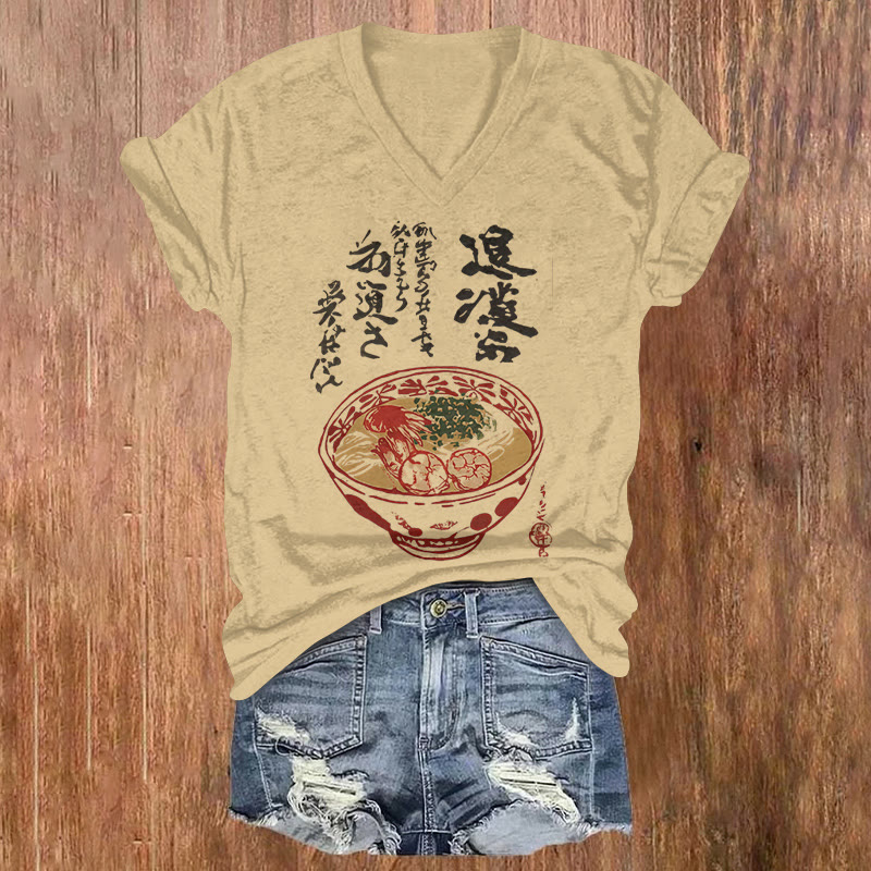 Japanese Ramen Pattern Print Short Sleeved V-neck T-shirt - Apricot - US32-34(5XL) - image 1