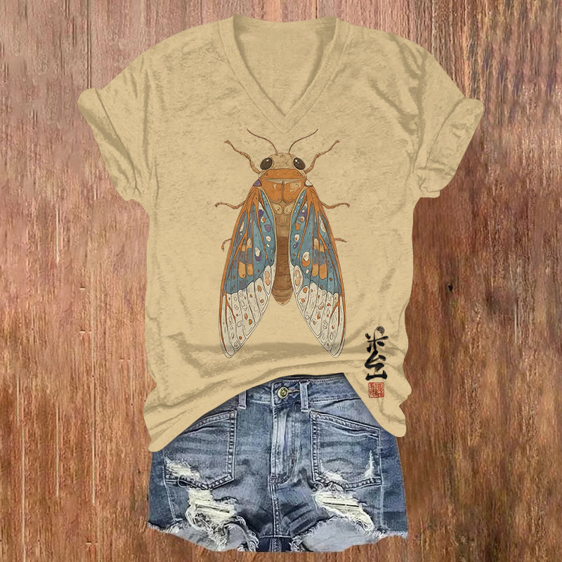 Japanese Vintage Insect Pattern Print Short Sleeved V-neck T-shirt - Apricot - US32-34(5XL) - image 1
