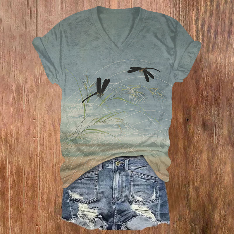 Creative Black Dragonfly Print Short Sleeved V-neck T-shirt - Grey - US32-34(5XL) - image 1