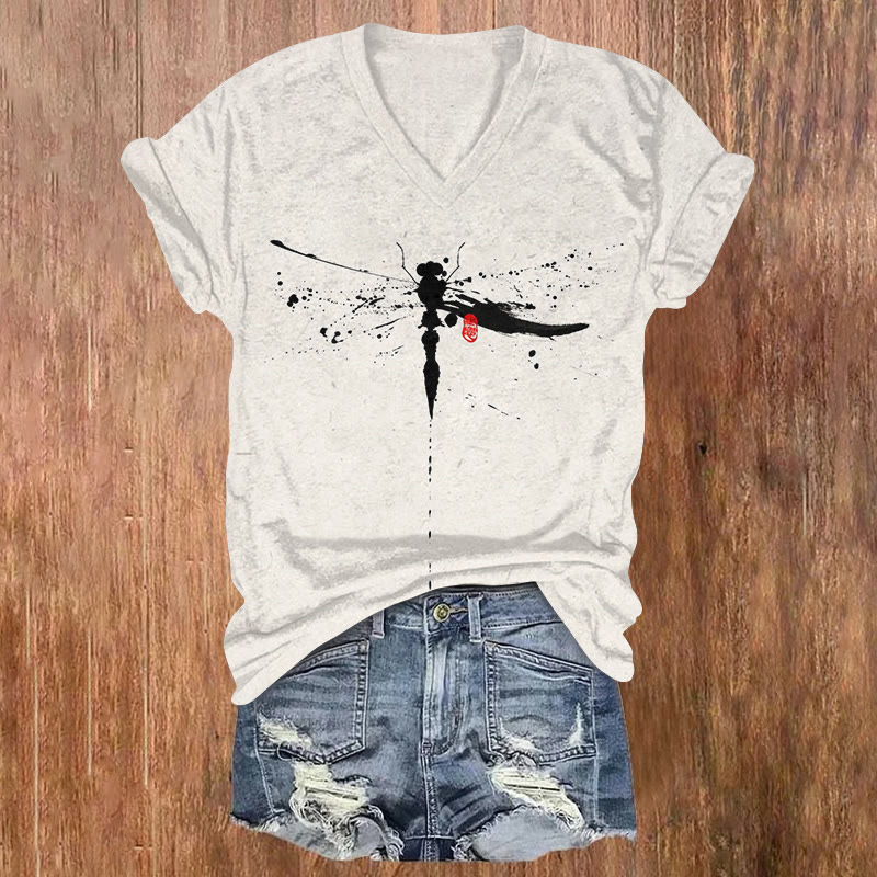 Vintage Abstract Insert Print Short Sleeved V-neck T-shirt - Light Gray - US32-34(5XL) - image 1
