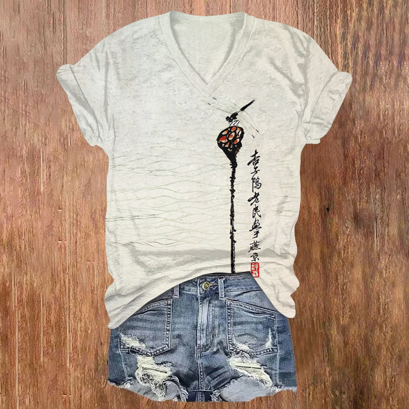 Japanese Vintage Lotus Pod & Dragonfly Print Short Sleeved V-neck T-shirt - Light Gray - US32-34(5XL) - image 1