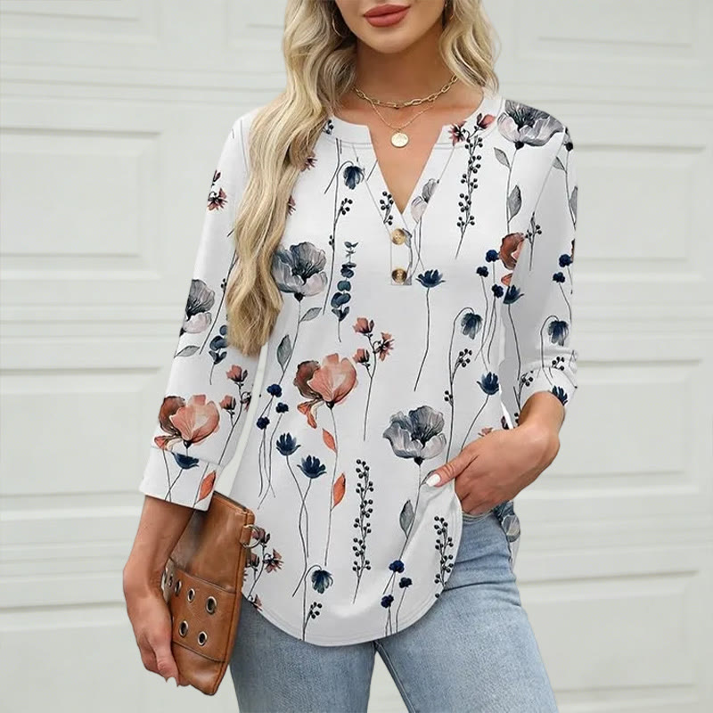 Elegant Watercolor Floral Print Button V-neck Mid Sleeve T-shirt - White - US24-26(3XL) - image 1