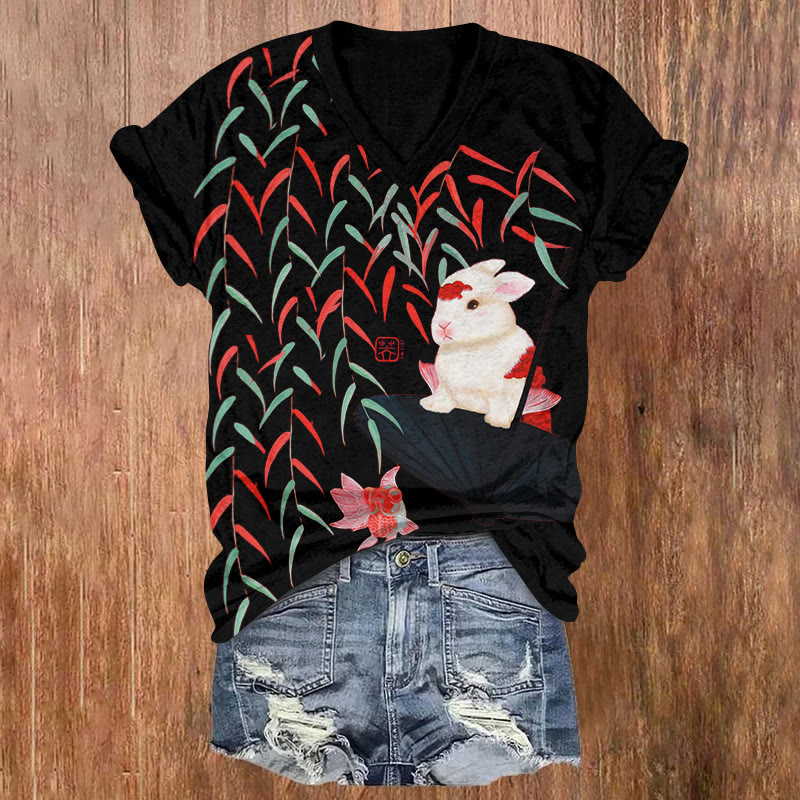 Creative Rabbit Sitting On The Umbrella Print Short Sleeved V-neck T-shirt - Black - US32-34(5XL) - image 2