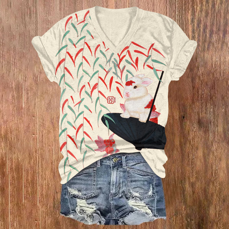 Creative Rabbit Sitting On The Umbrella Print Short Sleeved V-neck T-shirt - Beige - US32-34(5XL) - image 1