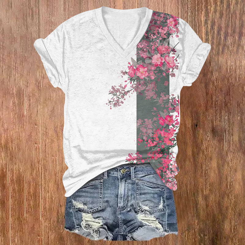Japanese Vintage Cherry Blossom Print Short Sleeved V-neck T-shirt - White - US32-34(5XL) - image 1