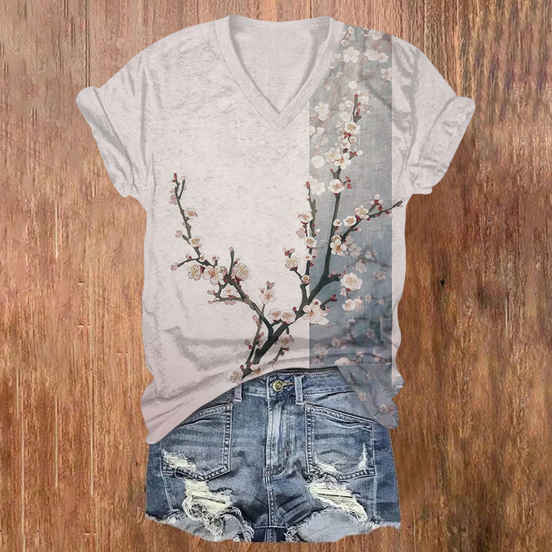 Japanese Sakura Art Print Short Sleeved V-neck T-shirt - Light Gray - US32-34(5XL) - image 1
