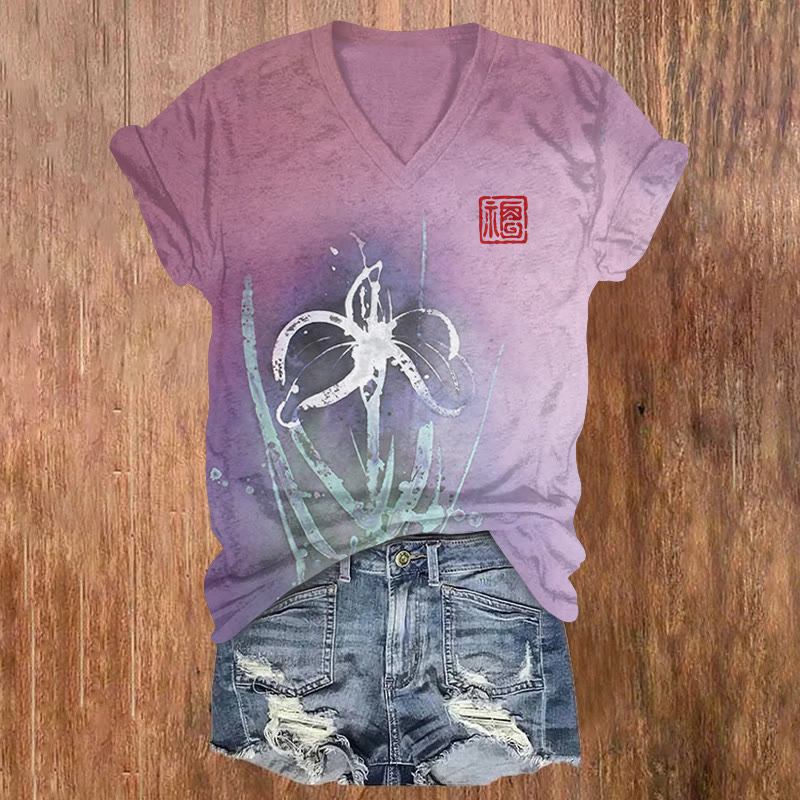 Japanese Abstract Floral Art Print Short Sleeved V-neck T-shirt - Purple - US32-34(5XL) - image 1