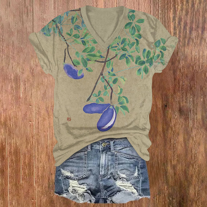 Vintage Watercolor Eggplant Art Print Short Sleeved V-neck T-shirt - Khaki - US32-34(5XL) - image 1