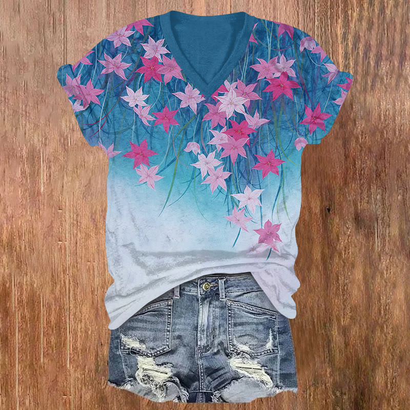 Vintage Pink Flower Garden Print Short Sleeved V-neck T-shirt - Blue - US32-34(5XL) - image 1
