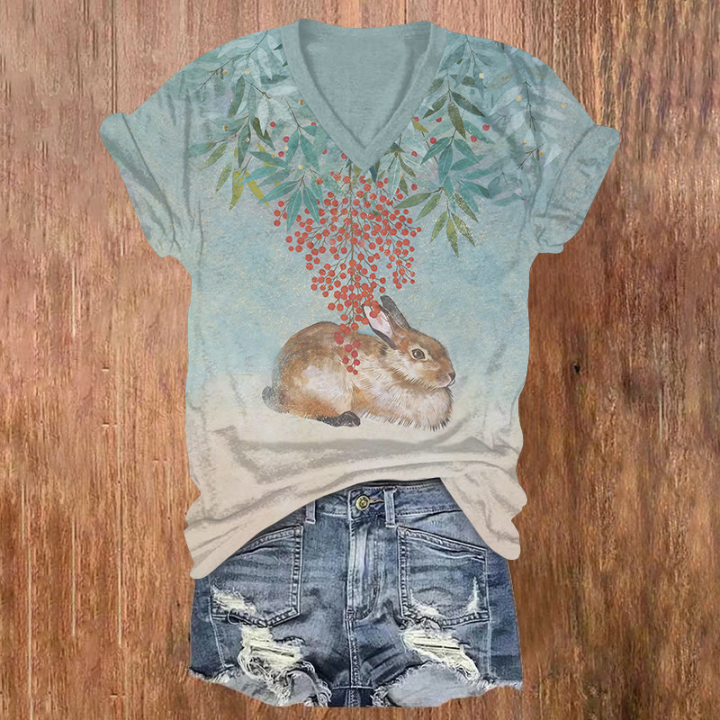 Brown Rabbit Under Nandina Domestica Print Short Sleeved V-neck T-shirt - Blue - US32-34(5XL) - image 1
