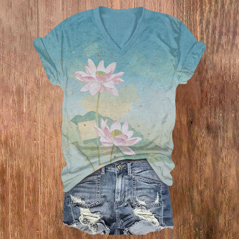 Vintage Lotus Blossom Art Print Short Sleeved V-neck T-shirt - Blue - US32-34(5XL) - image 1