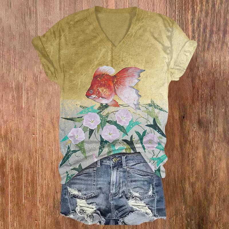Vintage Goldfish & Floral Print Short Sleeved V-neck T-shirt - Yellow - US32-34(5XL) - image 1
