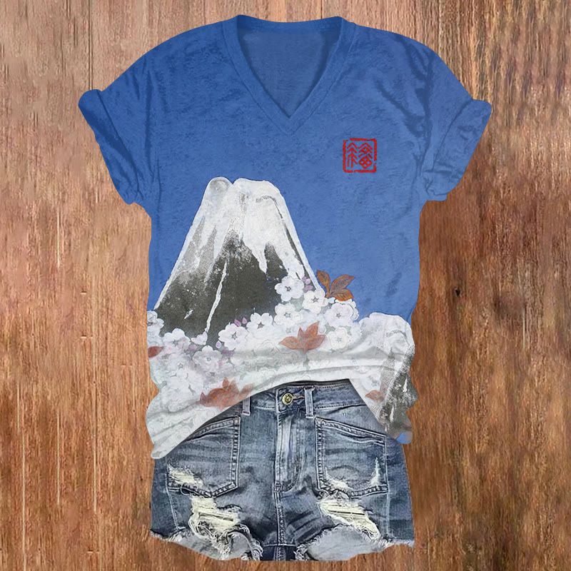 Japanese Cartoon Mount Fuji Art Print Short Sleeved V-neck T-shirt - Blue - US32-34(5XL) - image 1