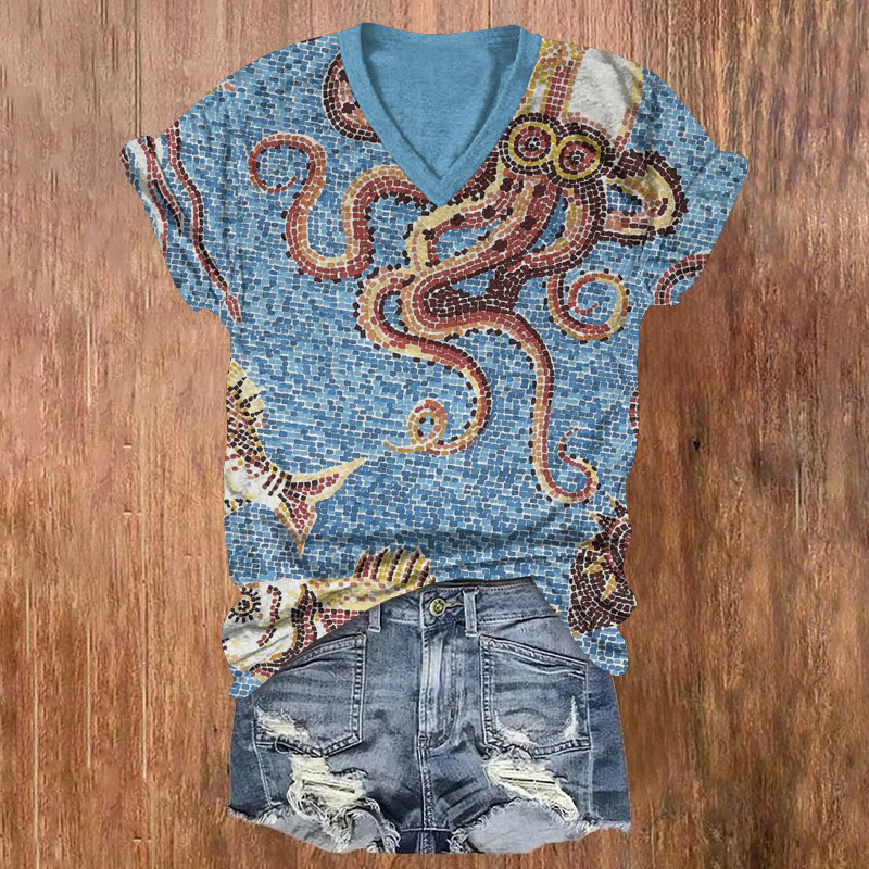 Ocean Mosaic Doctor Octopus Pattern Print Short Sleeved V-neck T-shirt - Blue - US32-34(5XL) - image 1