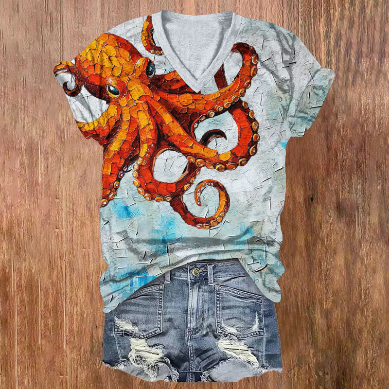 Ocean Angry Octopus Oil Painting Pattern Print Short Sleeved V-neck T-shirt - Light Blue - US32-34(5XL) - image 1