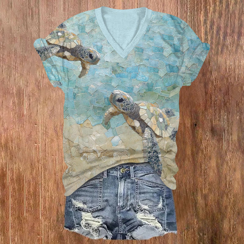 Ocean Sea Turtles Mosaic Art Pattern Print Short Sleeved V-neck T-shirt - Light Blue - US32-34(5XL) - image 1