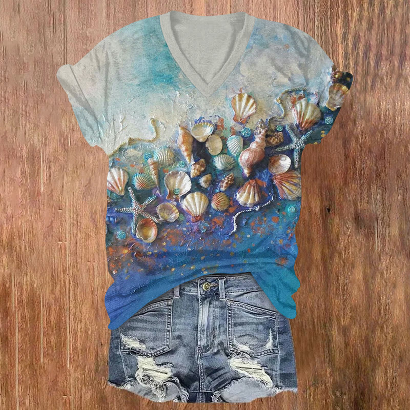 Ocean Seashell Oil Painting Art Pattern Print Short Sleeved V-neck T-shirt - Blue - US32-34(5XL) - image 1