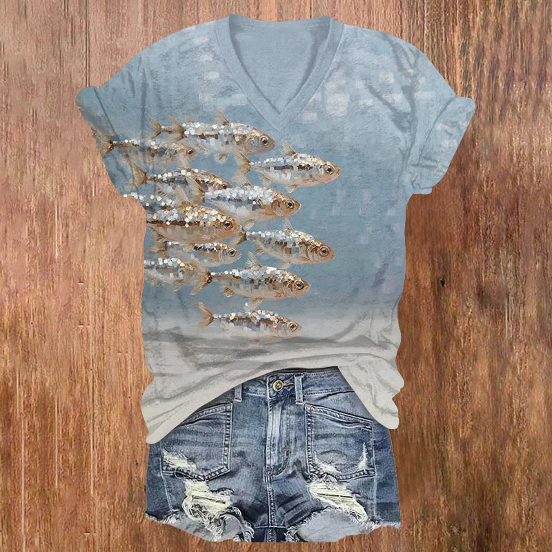Ocean Metal Fishes Oil Painting Art Pattern Print Short Sleeved V-neck T-shirt - Light Blue - US32-34(5XL) - image 1