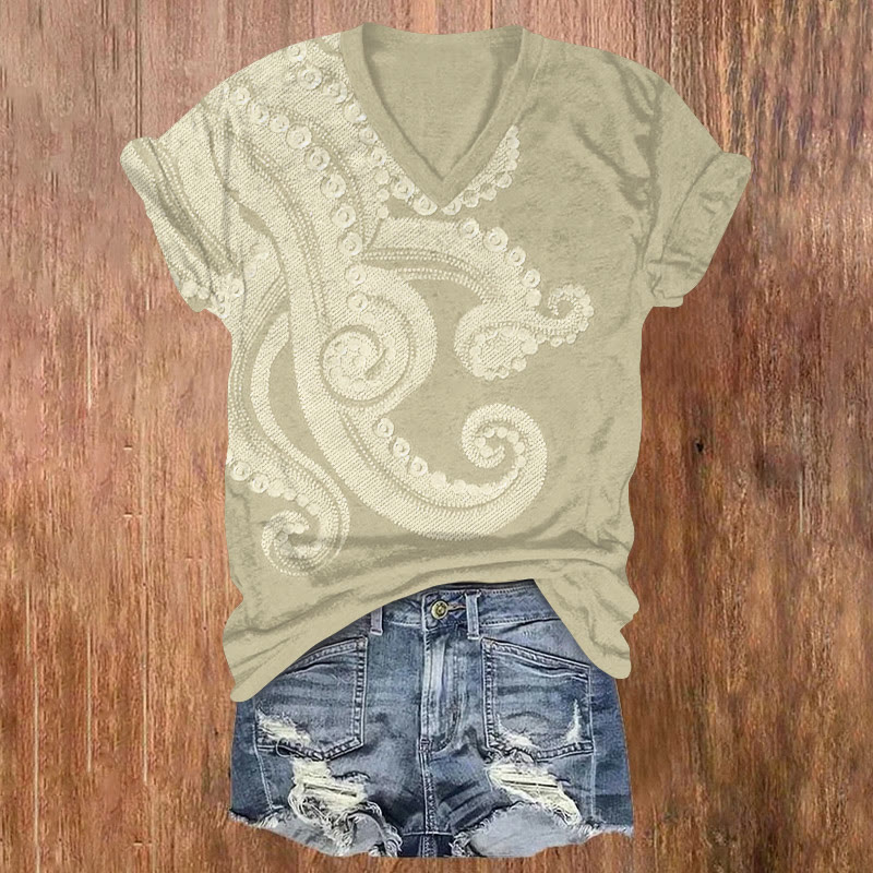 Ocean Octopus Tentacle Art Pattern Print Short Sleeved V-neck T-shirt - Apricot - US32-34(5XL) - image 2
