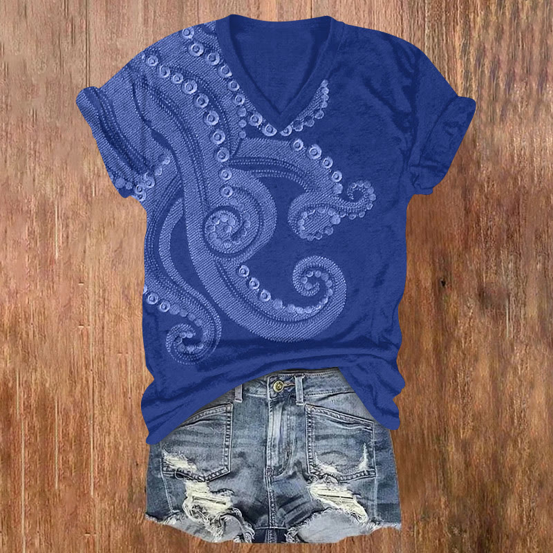 Ocean Octopus Tentacle Art Pattern Print Short Sleeved V-neck T-shirt - Royal Blue - US32-34(5XL) - image 1