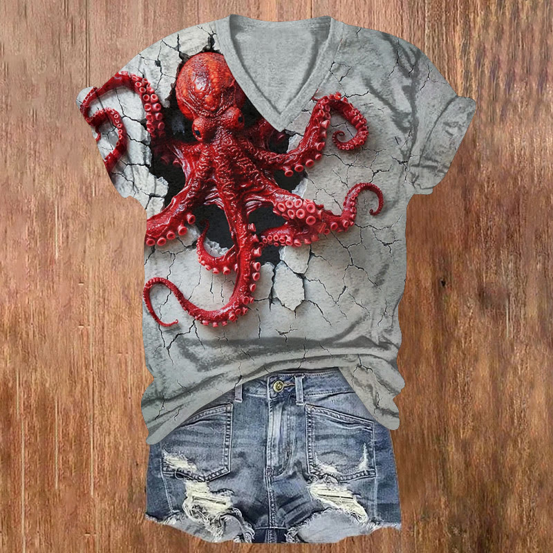 Ocean Angry Octopus Breaks Through The Wall Pattern Print Short Sleeved V-neck T-shirt - Grey - US32-34(5XL) - image 1