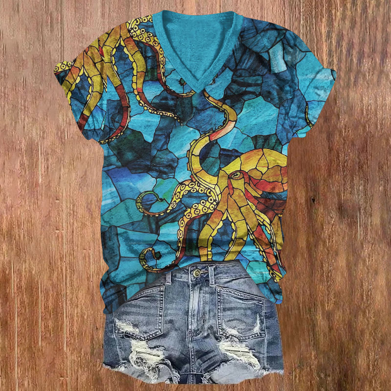 Ocean Mosaic Octopus Hand In Hand Pattern Print Short Sleeved V-neck T-shirt - Blue - US32-34(5XL) - image 1