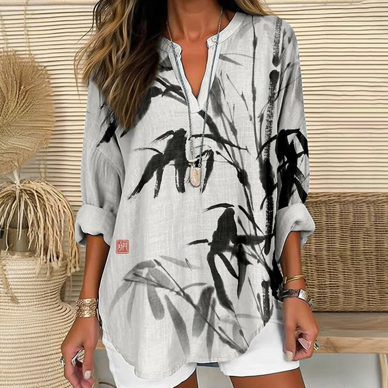 Retro Bamboo Leaf Ink Painting Forest Art Pattern Print V Neck Long Sleeve Blouse - Grey - 8XL - image 1