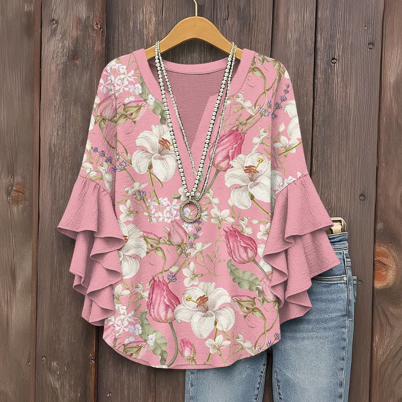 Retro Elegant Lily Rose Flowers Pattern Print V-neck Half Sleeve Blouse - Pink - 5XL - image 1