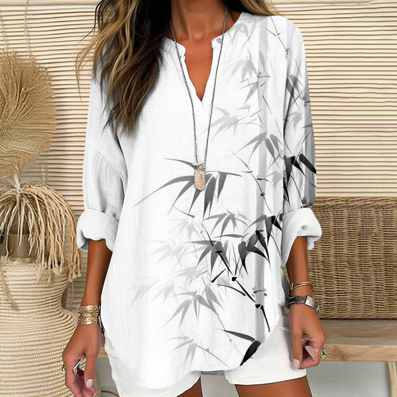 Retro Bamboo Ink Painting Pattern Print V Neck Long Sleeve Blouse - White - 8XL - image 1