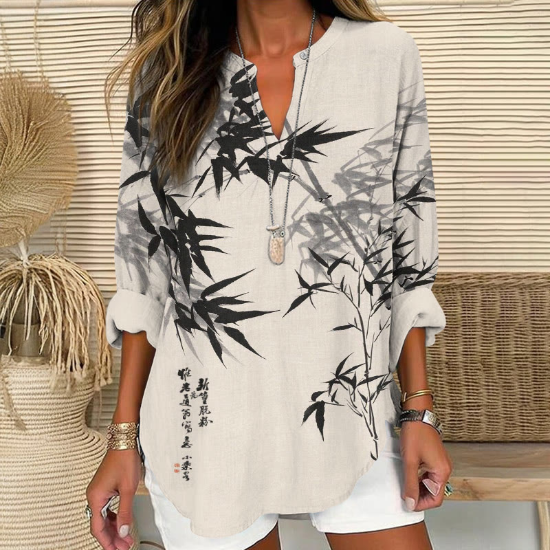 Retro Bamboo Forest Ink Pattern Print V Neck Long Sleeve Blouse - Apricot - 8XL - image 1