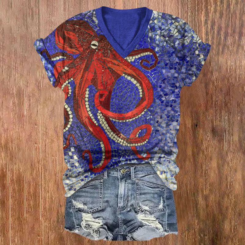 Ocean Octopus Mosaic Art Pattern Print Short Sleeved V-neck T-shirt - image 1
