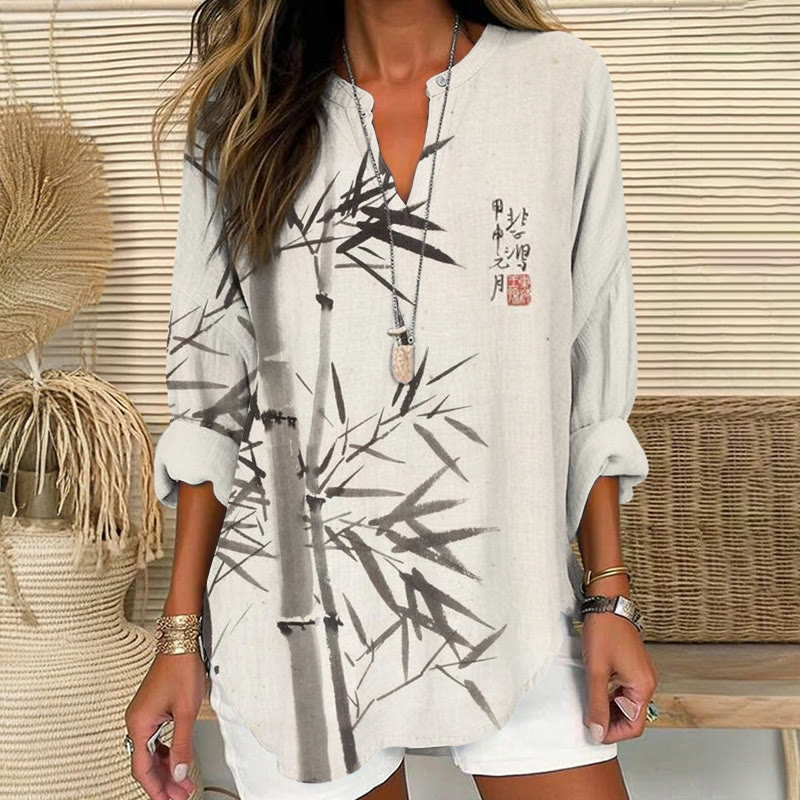 Retro Bamboo Zen Ink Pattern Print V Neck Long Sleeve Blouse - Apricot - 8XL - image 1
